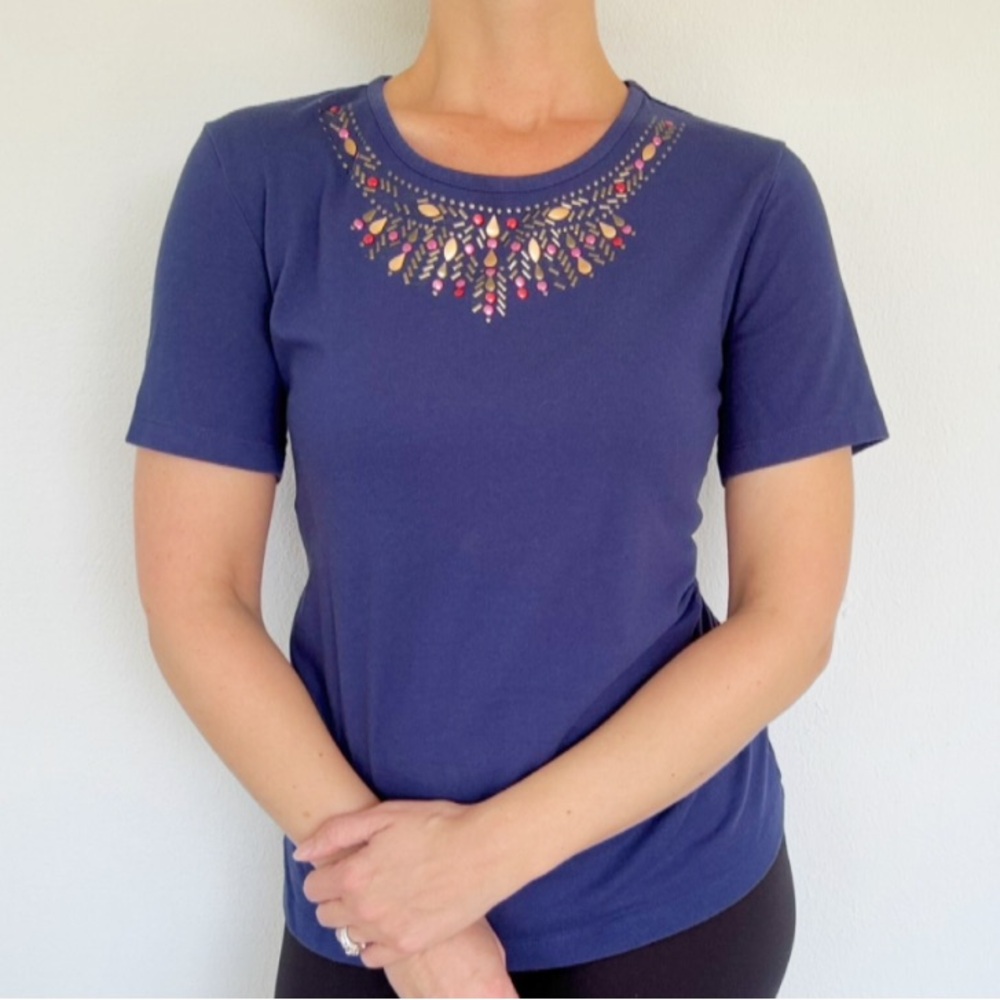 Coral Bay Petite navy blue beaded neckline short sleeve cotton tee size medium